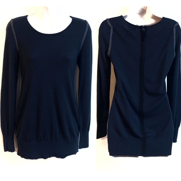 LOFT scoop neck long sleeve back zip navy blue lightweight wool s… - Picture 1 of 8